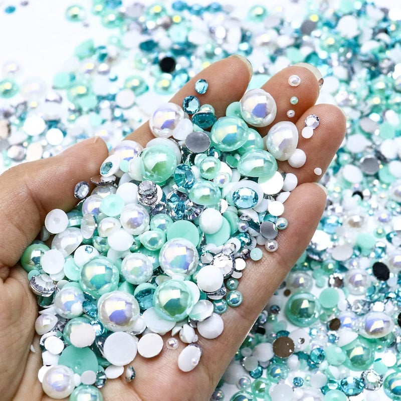 Towenm 60g Mixed Flatback Pearls and Rhinestones for Crafts, Tumblers, Shoes, Face Nail Art, 2mm-10mm Half Pearls and Flatback Rhinestones for Bedazzling, Aquamarine|White - Image 2